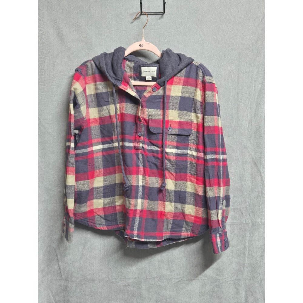 American Eagle Plaid Flannel Hoodie Red Navy Tan Button Front Pullover Small